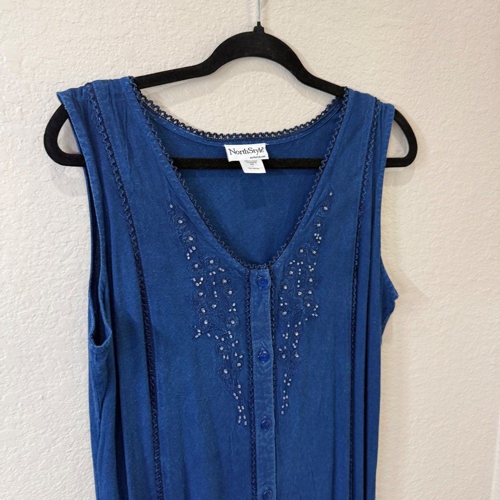 NorthStyle Blue Flowy Maxi Dress Beaded L Whimsigoth Dark Fairy Celestial Gothic - Picture 3 of 9